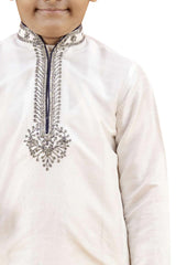 Boys Off White Silk Neck Embroidered Kurta Pyjama Set