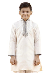 Boys Off White Silk Neck Embroidered Kurta Pyjama Set