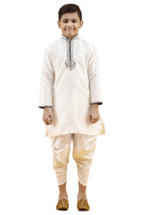 Boys Off White Silk Neck Embroidered Kurta Pajama Set