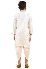 Boys Off White Silk Neck Embroidered Kurta Pajama Set