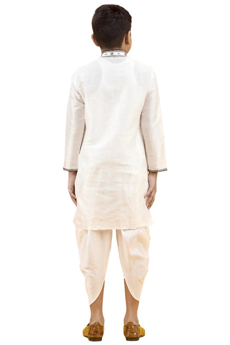 Boys Off White Silk Neck Embroidered Kurta Pyjama Set