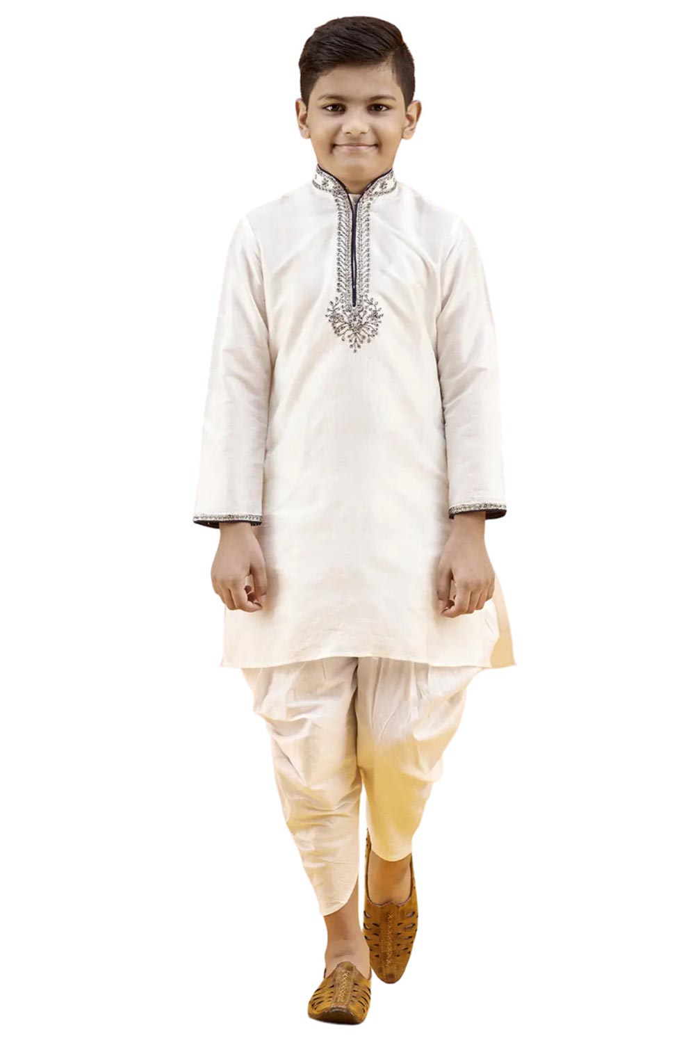 Boys Off White Silk Neck Embroidered Kurta Pajama Set