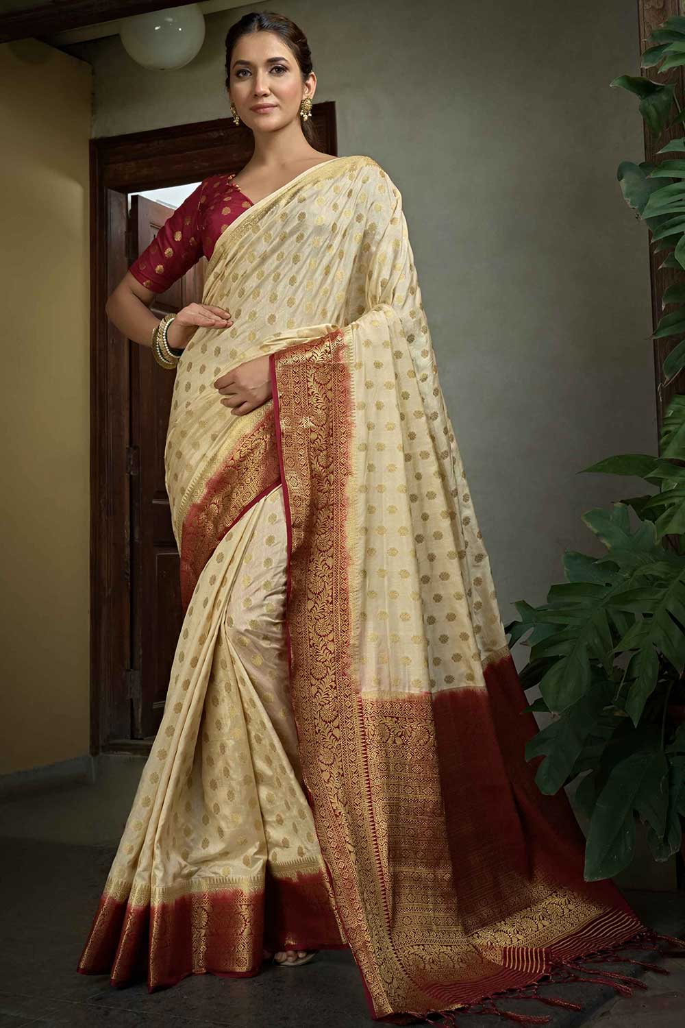 Beige Art Silk Zari Saree