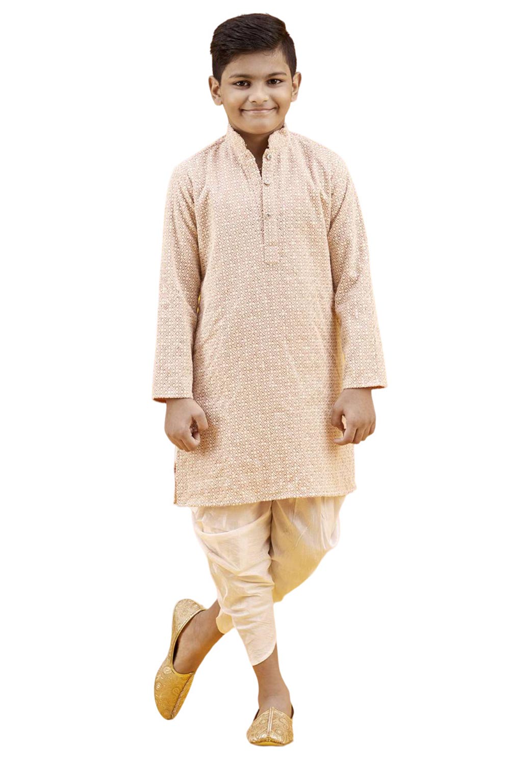 Boys Pink Cotton Chikan Embroidered Kurta Pajama Set