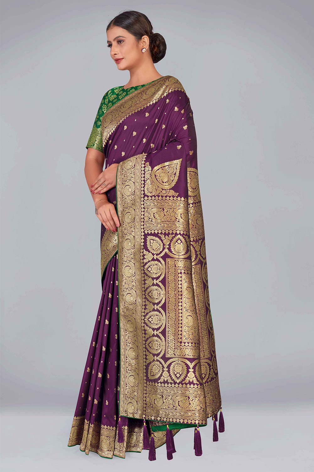 Purple Floral Print Banarasi Silk Zari Woven Saree