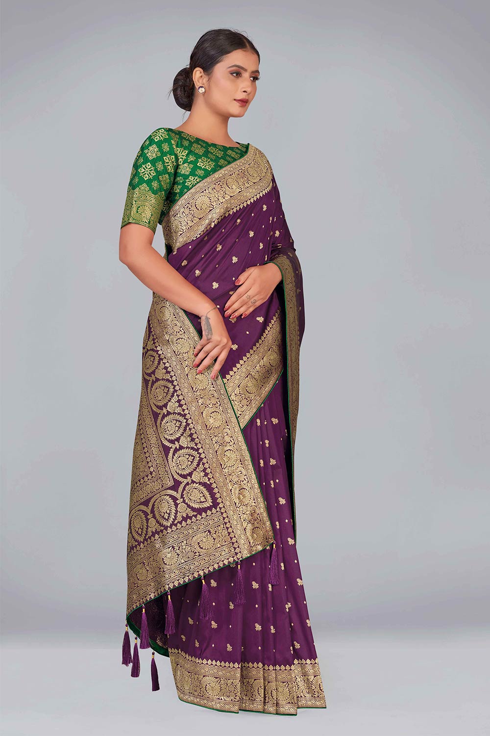 Purple Floral Print Banarasi Silk Zari Woven Saree