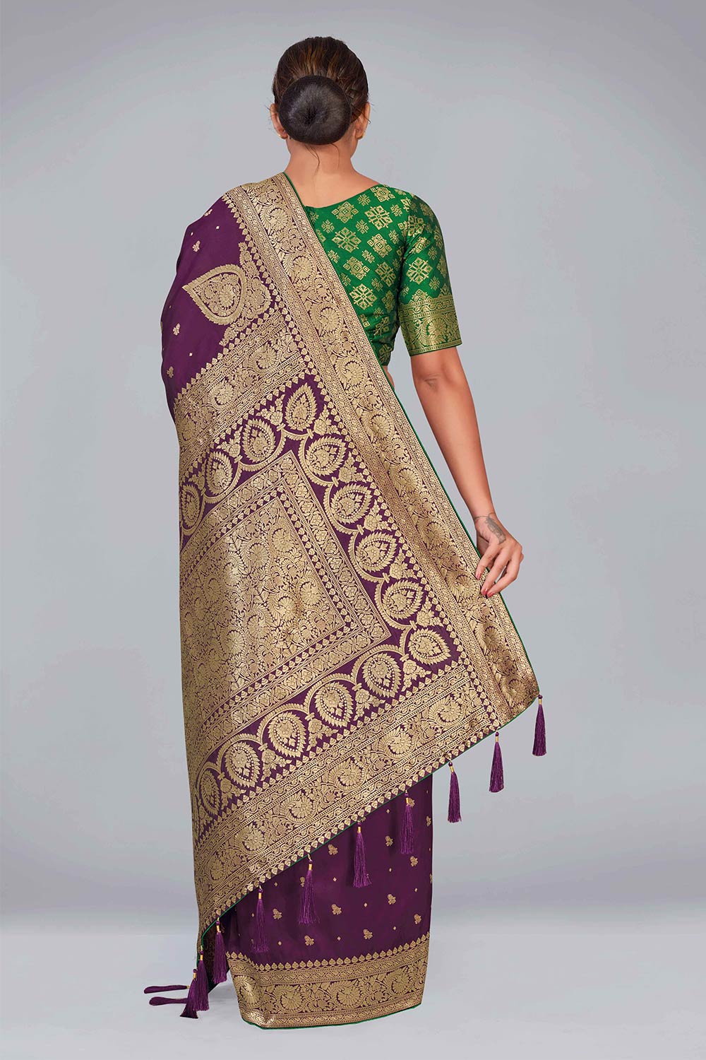 Purple Floral Print Banarasi Silk Zari Woven Saree