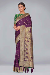 Purple Floral Print Banarasi Silk Zari Woven Saree