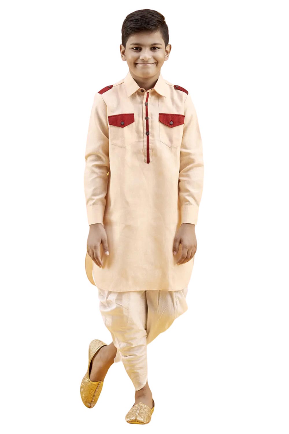 Boys Off White Cotton Solid Kurta Pajama Set