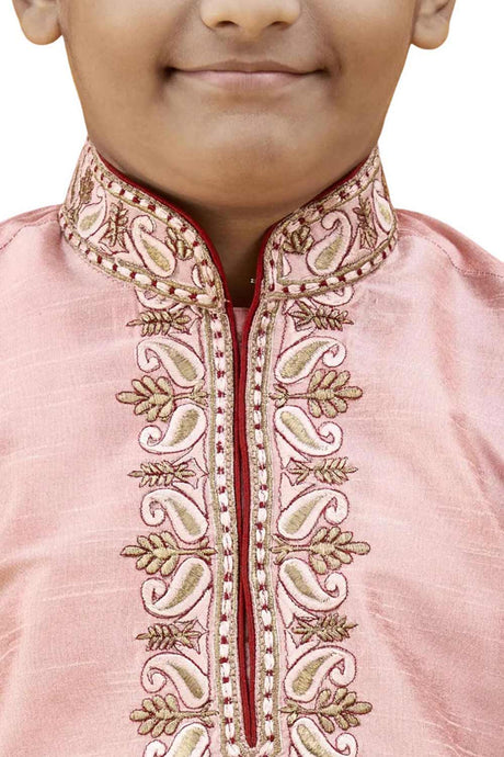 Boys Pink Silk Neck Embroidered Kurta Pyjama Set