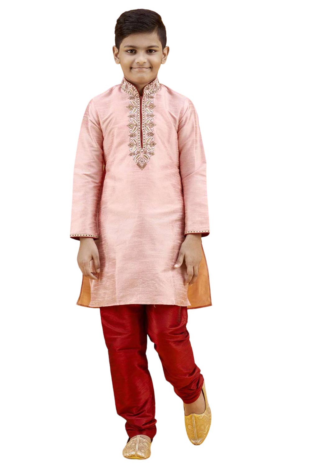 Boys Pink Silk Neck Embroidered Kurta Pyjama Set