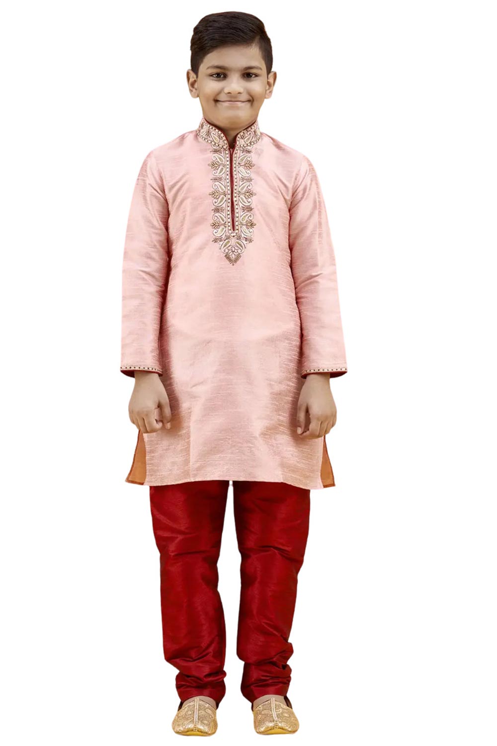 Boys Pink Silk Neck Embroidered Kurta Pajama Set