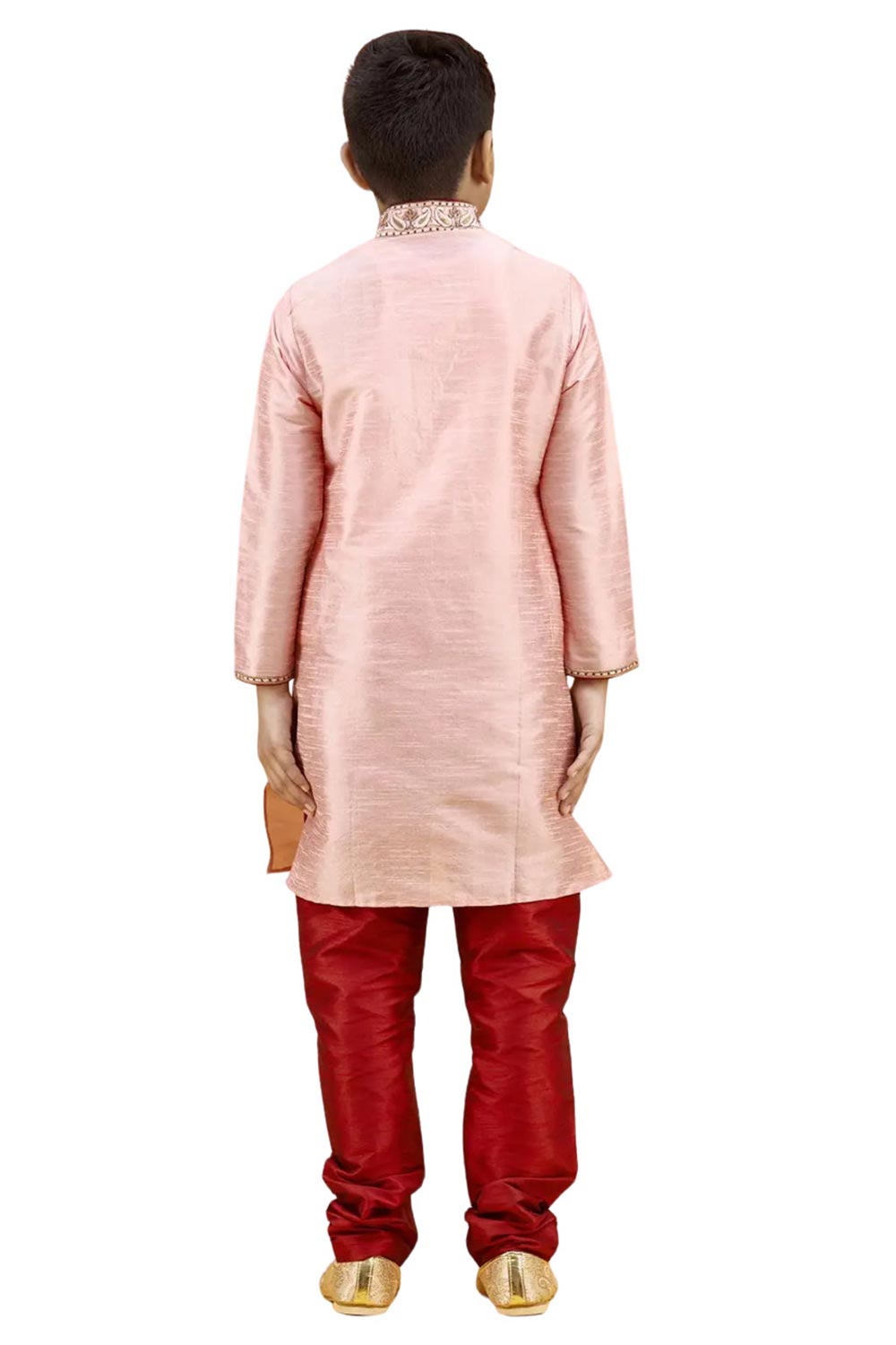 Boys Pink Silk Neck Embroidered Kurta Pyjama Set