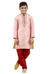 Boys Pink Silk Neck Embroidered Kurta Pajama Set