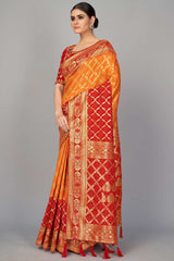 Buy Art Silk Woven Saree in Orange - Back