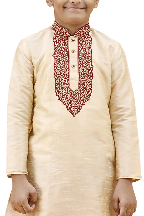 Boys Off White Silk Neck Embroidered Kurta Pyjama Set