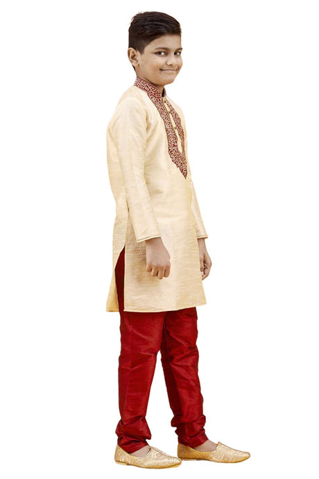 Boys Off White Silk Neck Embroidered Kurta Pyjama Set