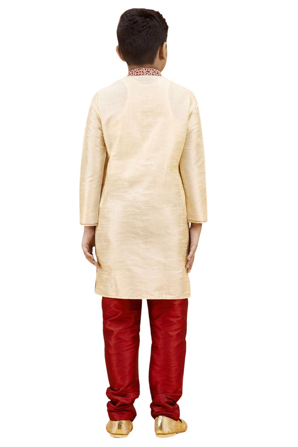 Boys Off White Silk Neck Embroidered Kurta Pyjama Set