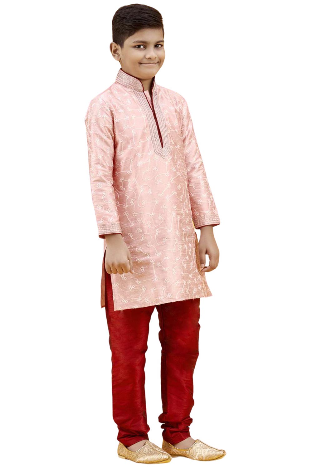 Boys Pink Silk Resham Thread Embroidered Kurta Pyjama Set