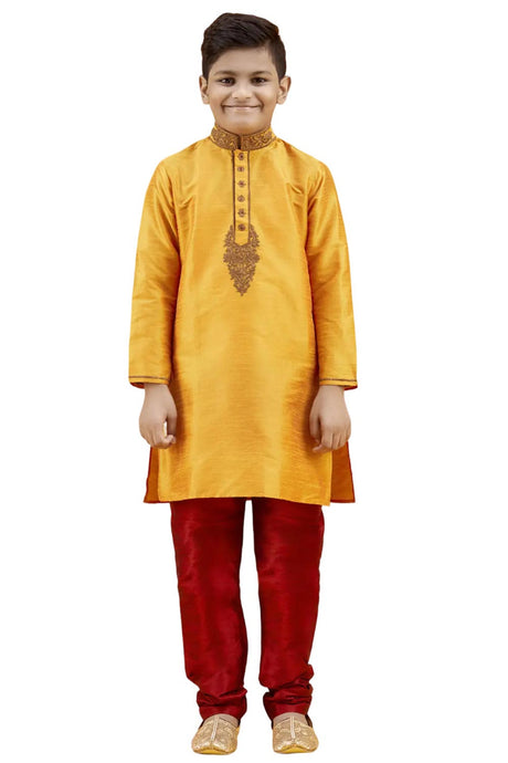 Boys Orange Silk Neck Embroidered Kurta Pyjama Set