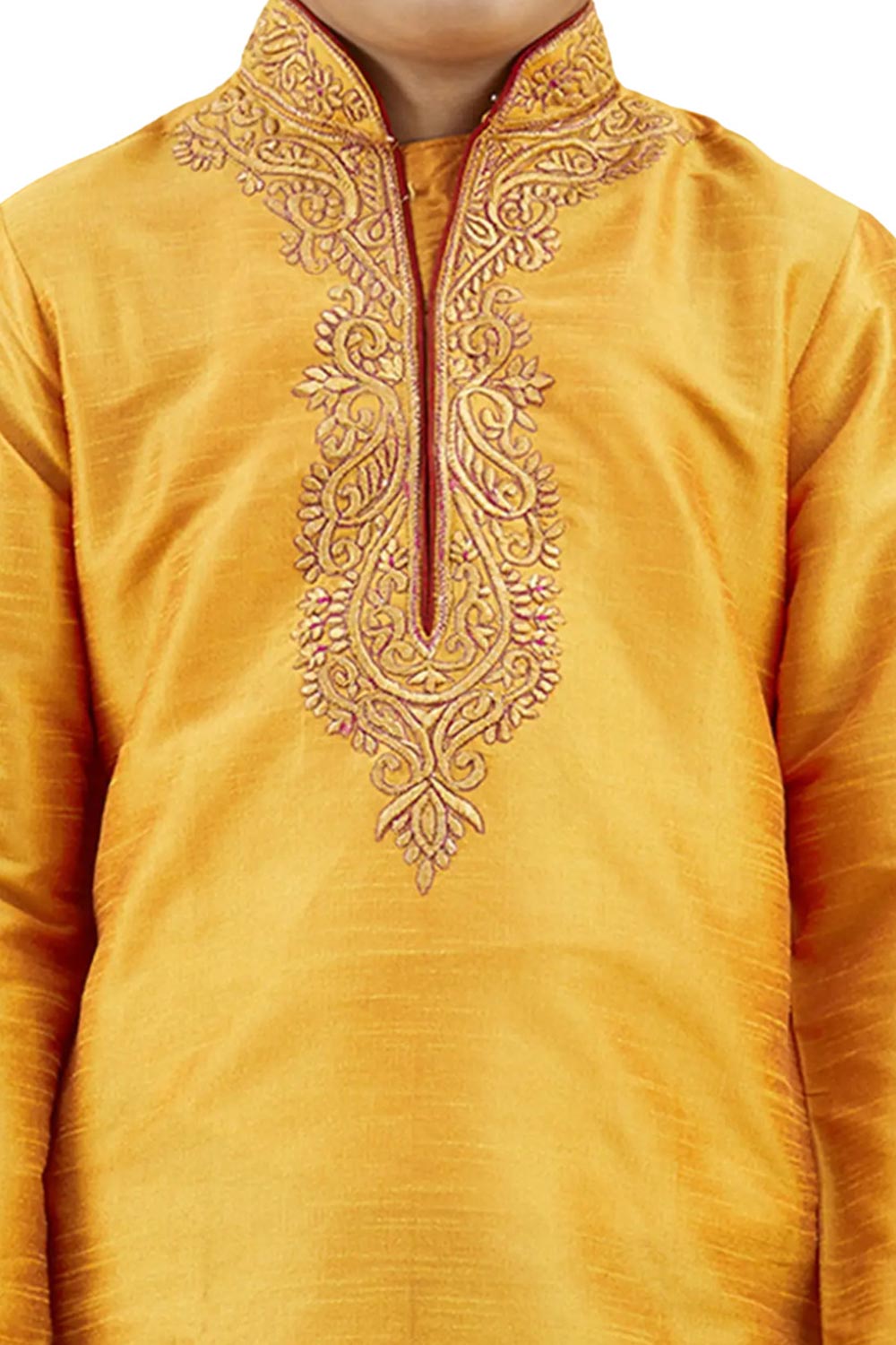 Boys Orange Silk Neck Embroidered Kurta Pyjama Set