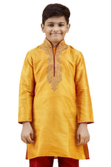 Boys Orange Silk Neck Embroidered Kurta Pyjama Set