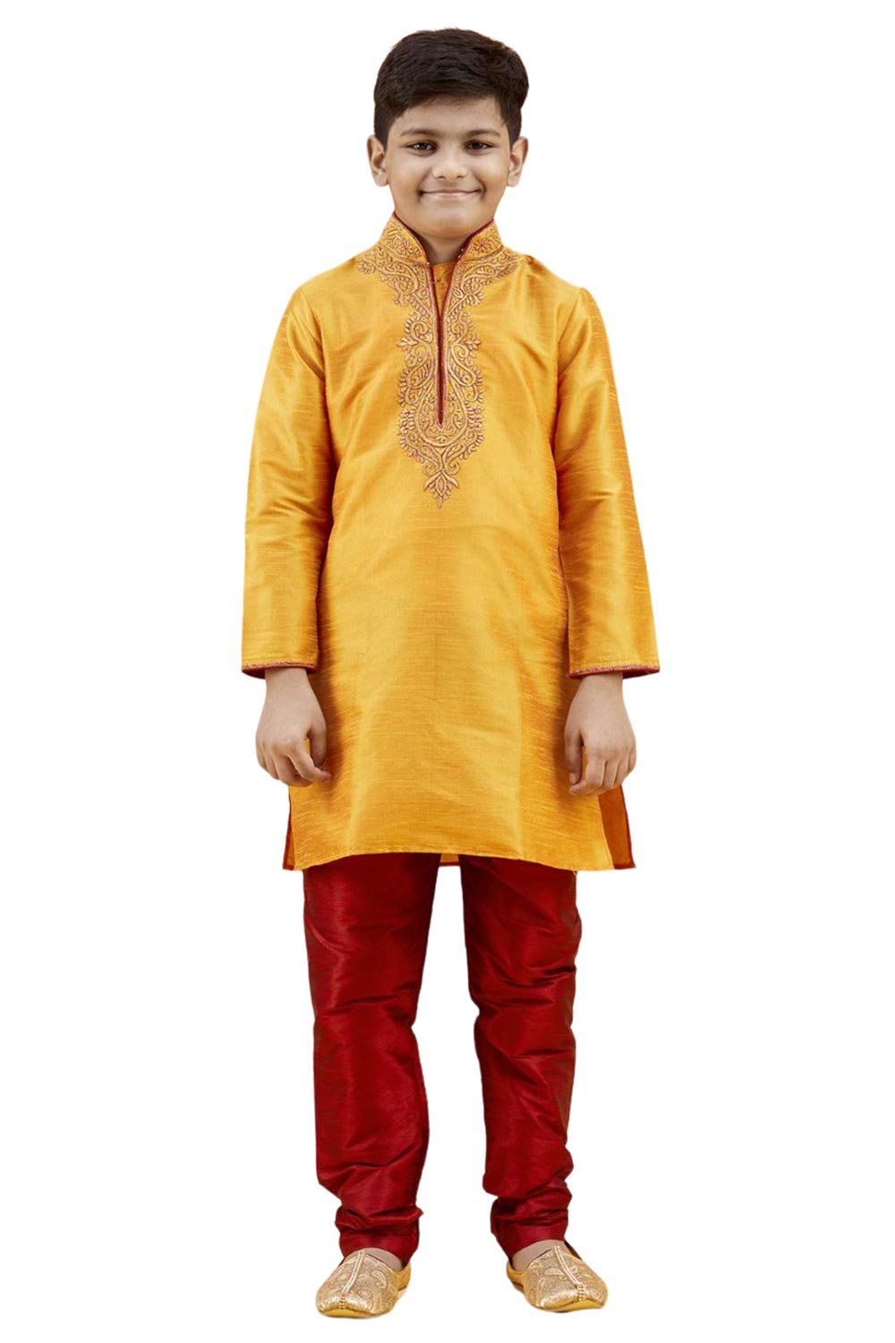 Boys Orange Silk Neck Embroidered Kurta Pajama Set