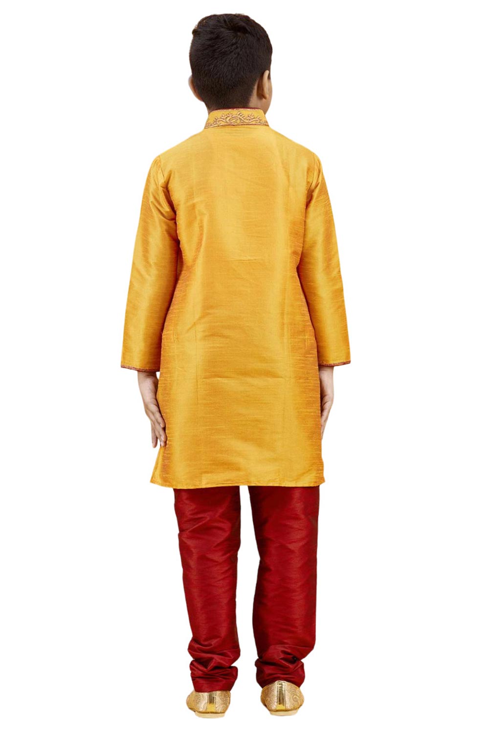 Boys Orange Silk Neck Embroidered Kurta Pajama Set