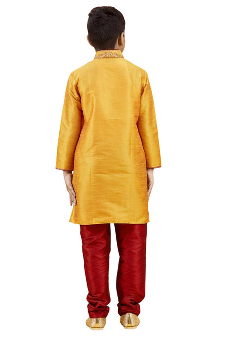 Boys Orange Silk Neck Embroidered Kurta Pyjama Set
