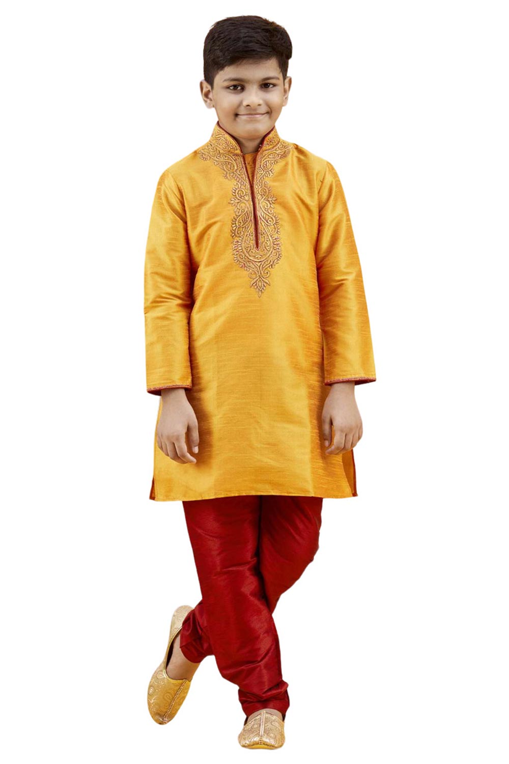 Boys Orange Silk Neck Embroidered Kurta Pajama Set