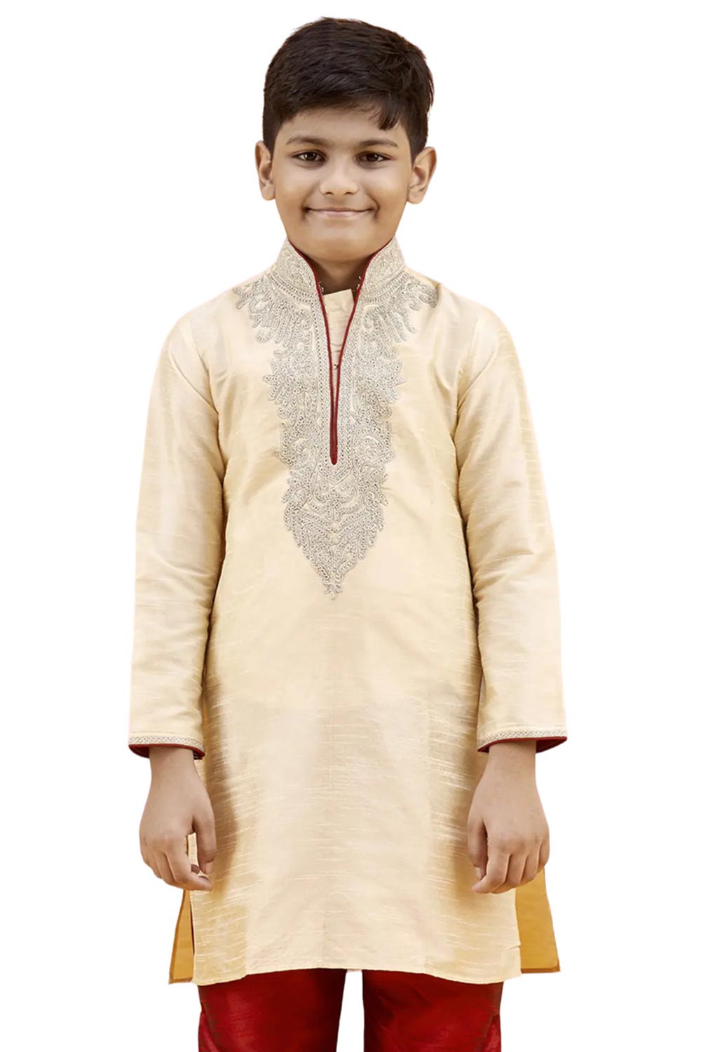 Boys Off White Silk Neck Embroidered Kurta Pyjama Set