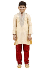 Boys Off White Silk Neck Embroidered Kurta Pajama Set