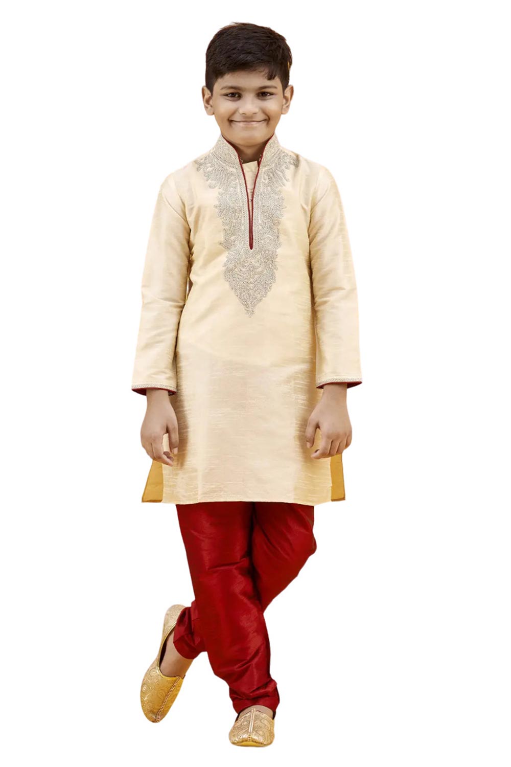 Boys Off White Silk Neck Embroidered Kurta Pajama Set