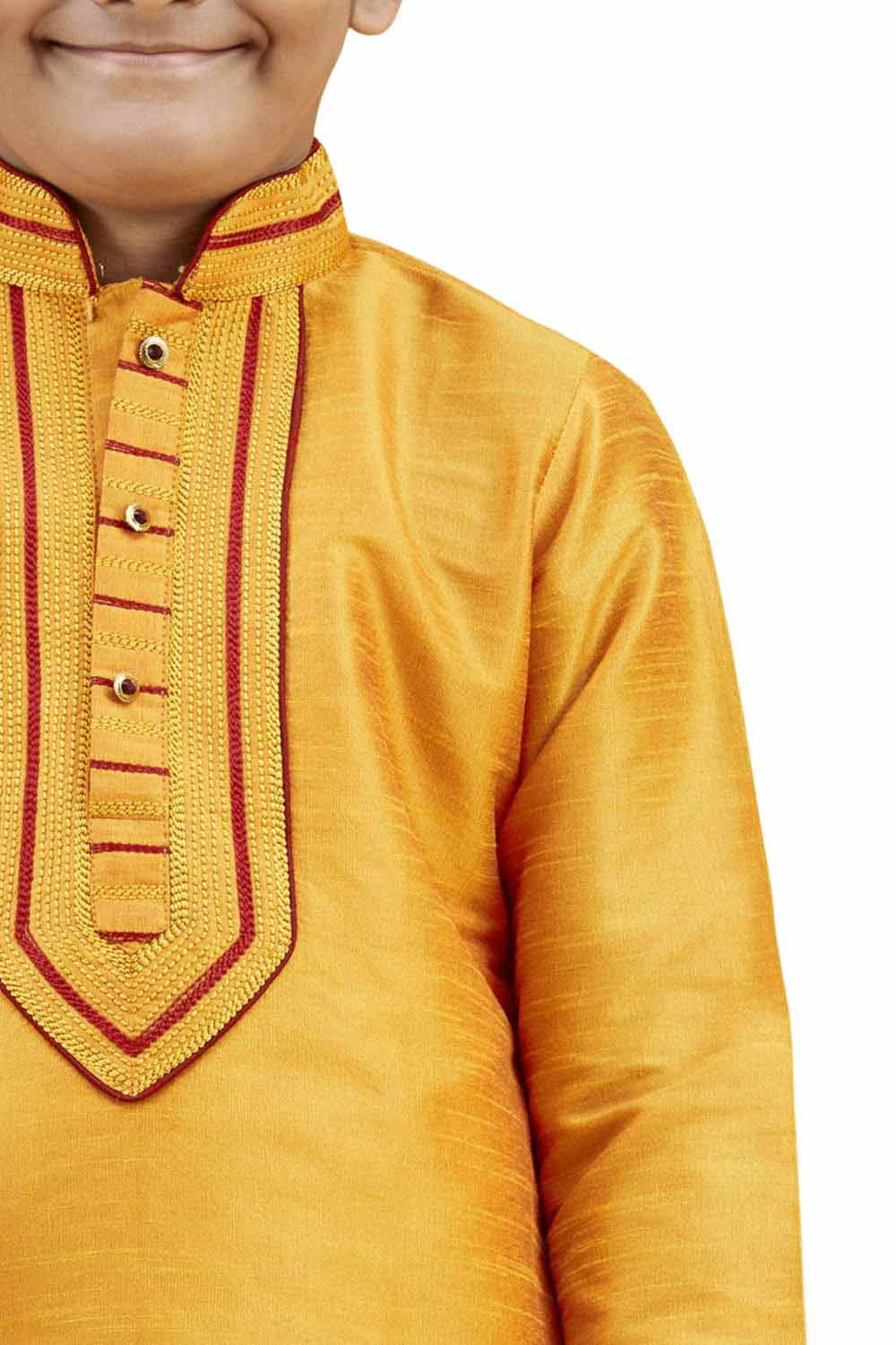 Boys Orange Silk Neck Embroidered Kurta Pyjama Set