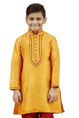 Boys Orange Silk Neck Embroidered Kurta Pyjama Set