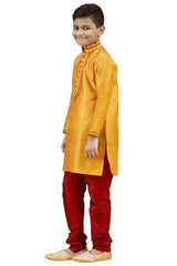 Boys Orange Silk Neck Embroidered Kurta Pajama Set