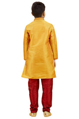 Boys Orange Silk Neck Embroidered Kurta Pajama Set