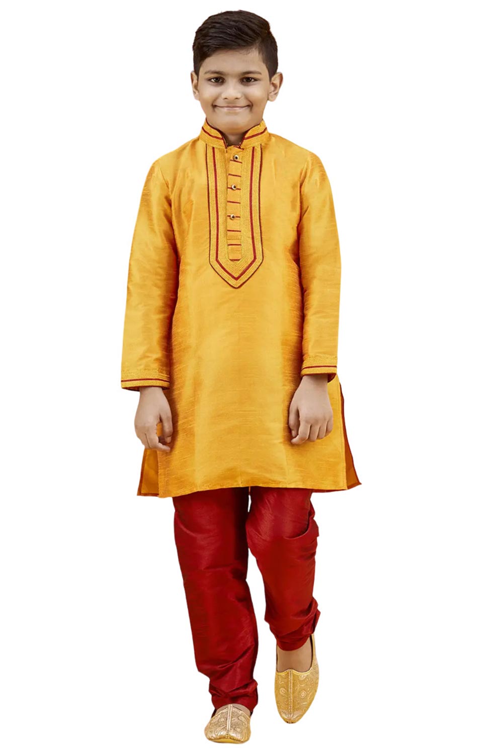 Boys Orange Silk Neck Embroidered Kurta Pajama Set