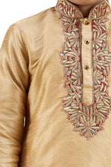 Boys Gold Silk Neck Embroidered Kurta Pyjama Set