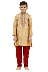 Boys Gold Silk Neck Embroidered Kurta Pyjama Set