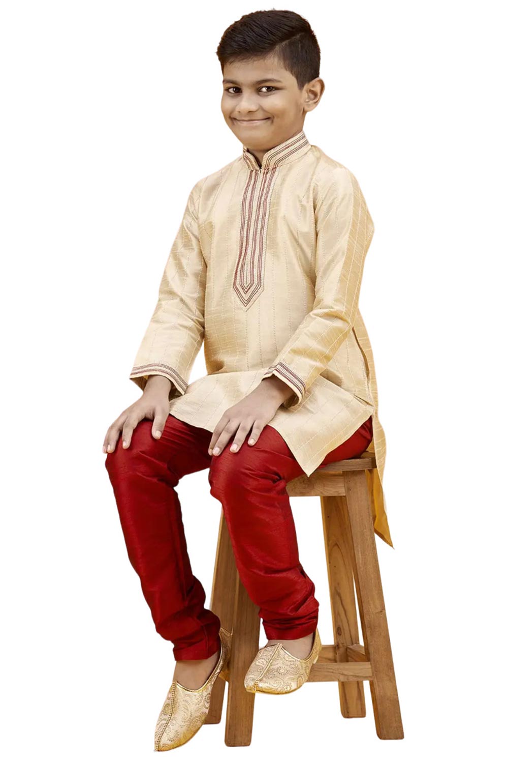 Boys Gold Silk Resham Thread Embroidered Kurta Pyjama Set