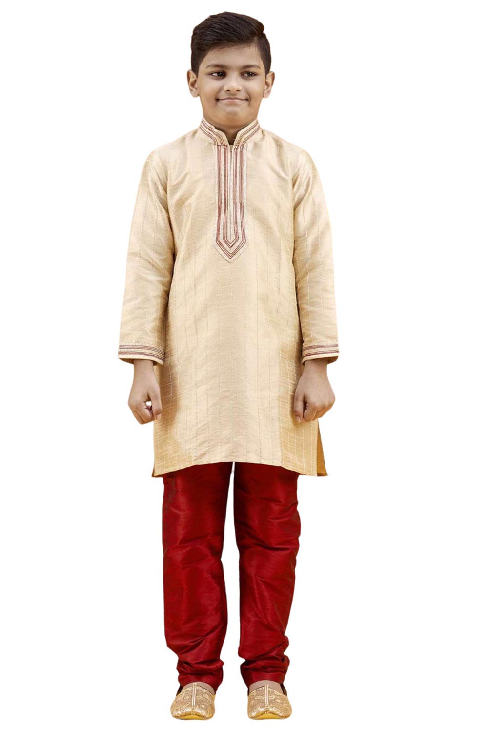 Boys Gold Silk Resham Thread Embroidered Kurta Pajama Set