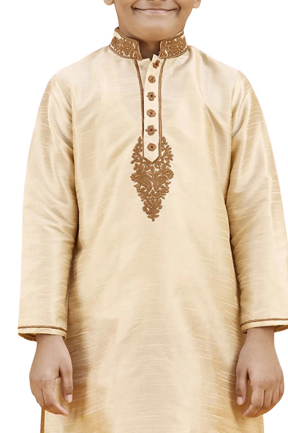 Boys Gold Silk Neck Embroidered Kurta Pyjama Set