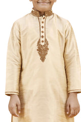 Boys Gold Silk Neck Embroidered Kurta Pyjama Set