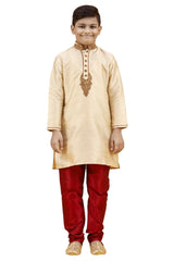 Boys Gold Silk Neck Embroidered Kurta Pajama Set