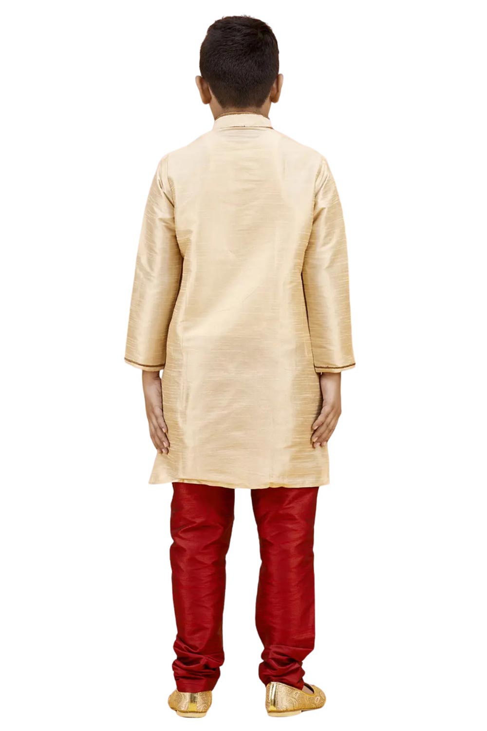 Boys Gold Silk Neck Embroidered Kurta Pajama Set