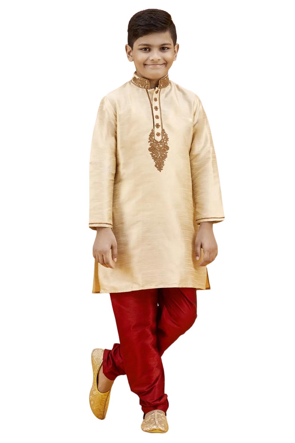 Boys Gold Silk Neck Embroidered Kurta Pajama Set