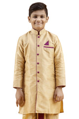 Boys Gold Silk Solid Kurta Pyjama Set