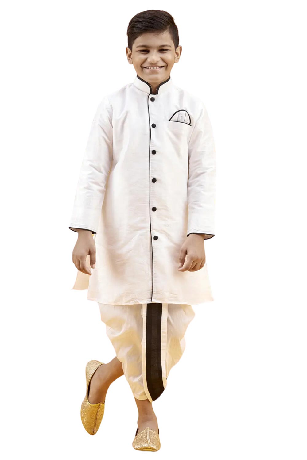 Boys Off White Silk Solid Kurta Pajama Set