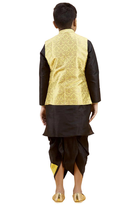 Boys Black Silk Woven Design Kurta Pyjama Jacket Set